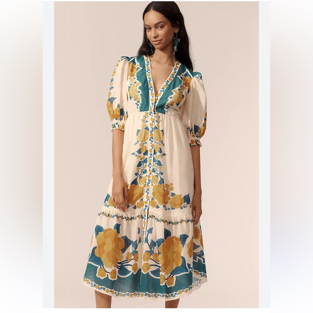 FARM Rio Cream Midi Dress with Mustard Yellow & Teal Floral Print